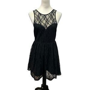 Romantic black‎ lace overlay dress sheer mesh sleeveless illusion neckline M